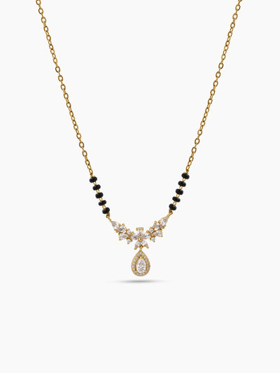 Varmika Bloom TearDrop Diamond Solitaire 18K Gold Plated Women's Chain Pendant Mangalsutra Necklace