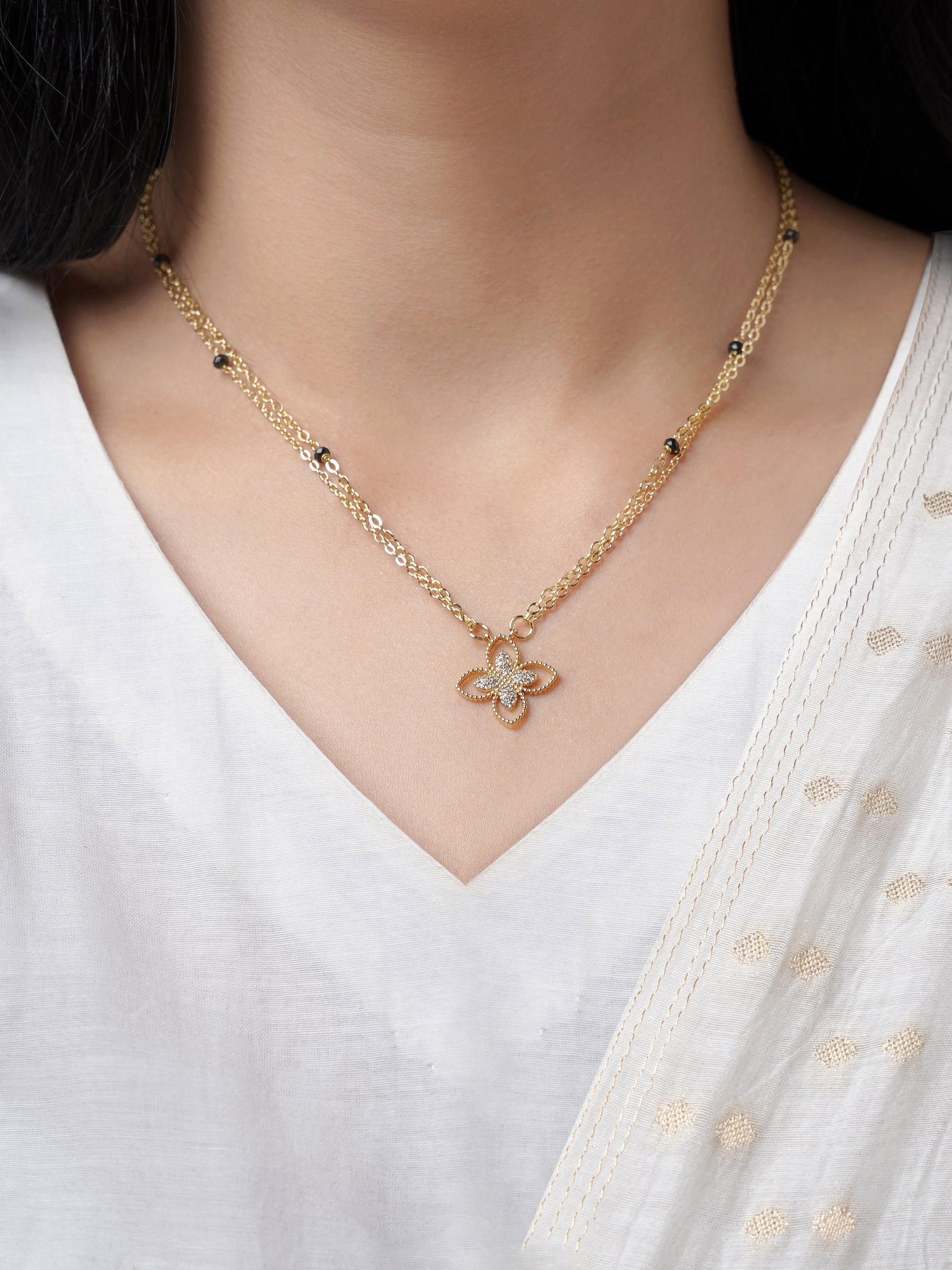 Verona Double Layered Flower Diamond Charm 14K Gold Plated Mangalsutra