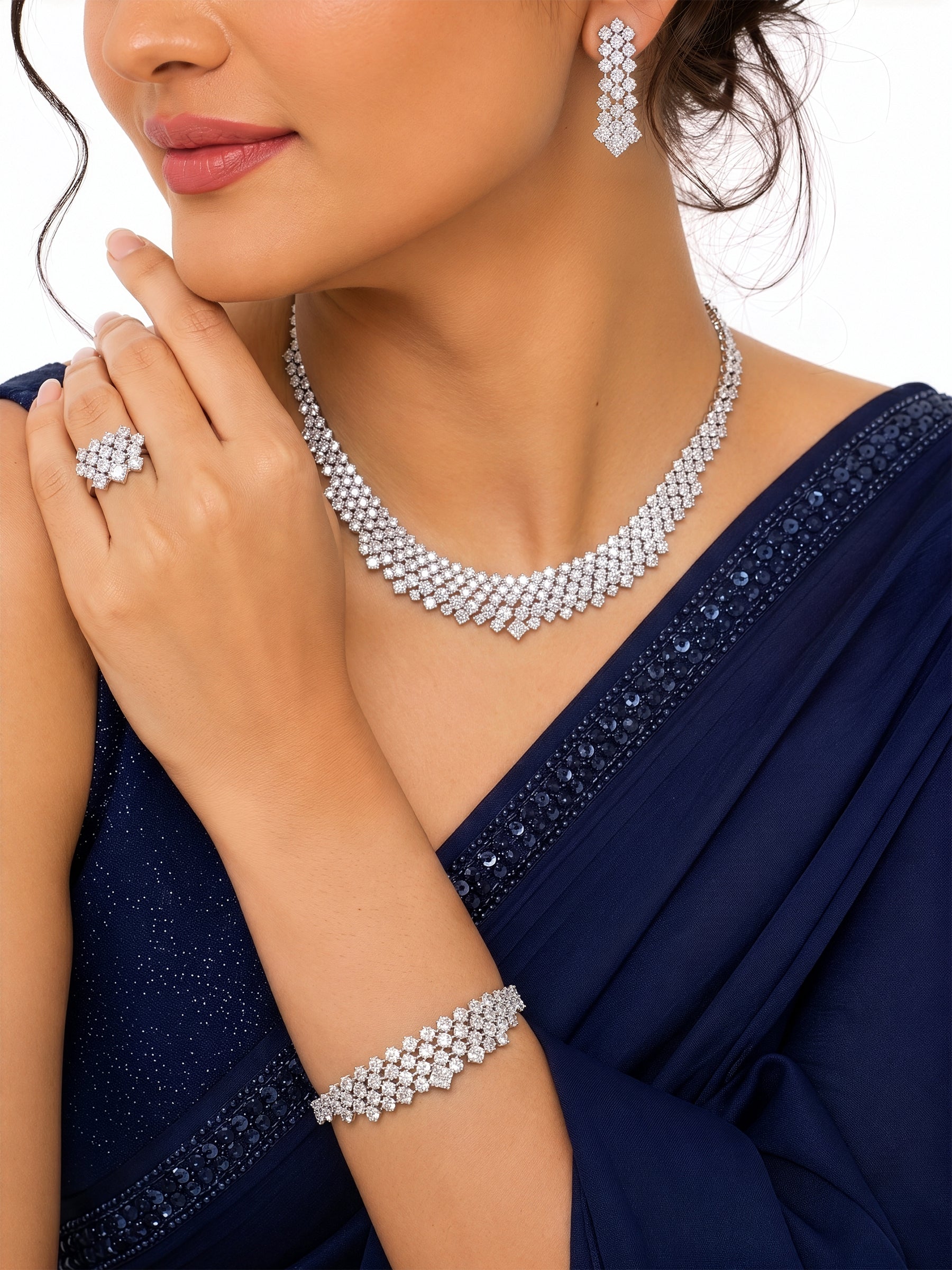 Vidusha Diamond Silver Women's Jewelry Set Of 4 - Necklace, Ring, Bracelet & Earrings