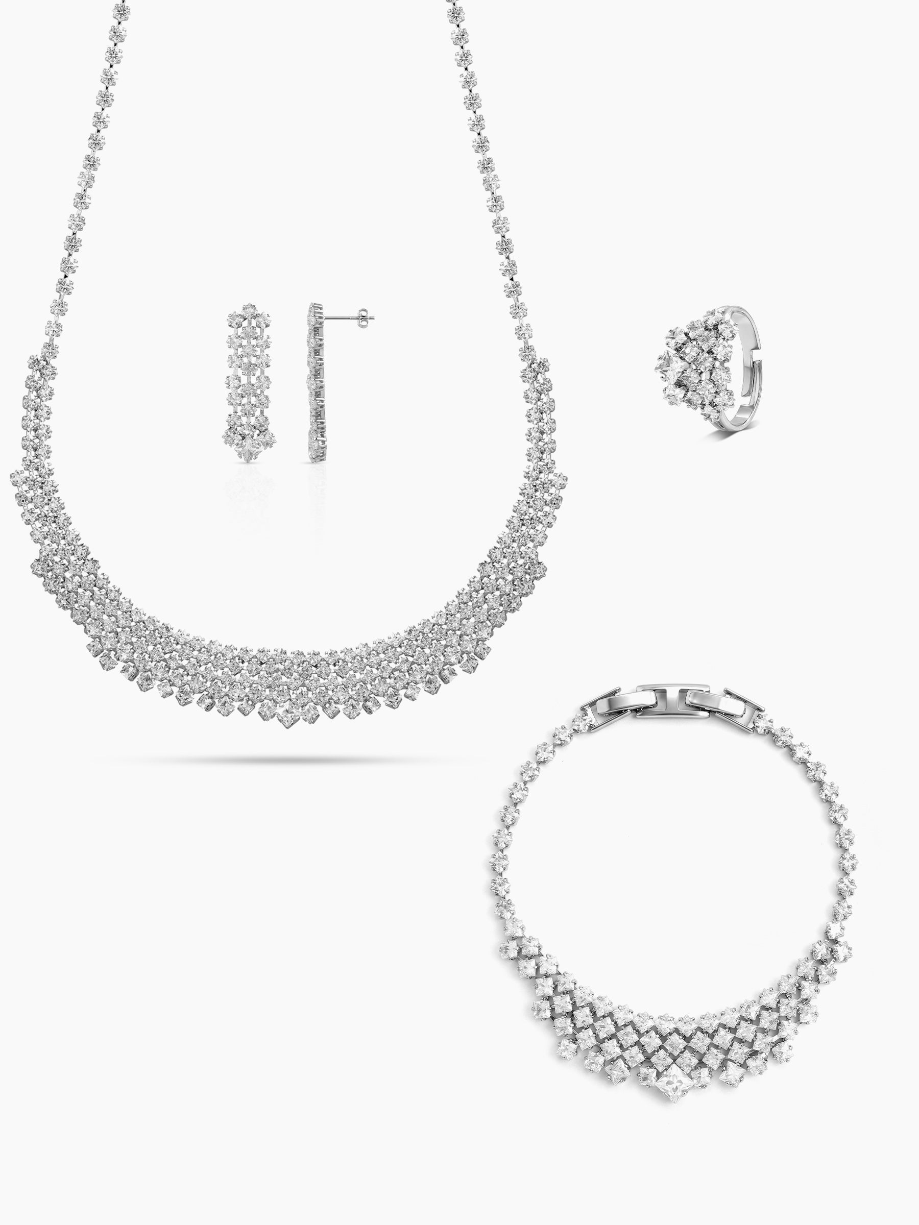 Vidusha Diamond Silver Women's Jewelry Set Of 4 - Necklace, Ring, Bracelet & Earrings