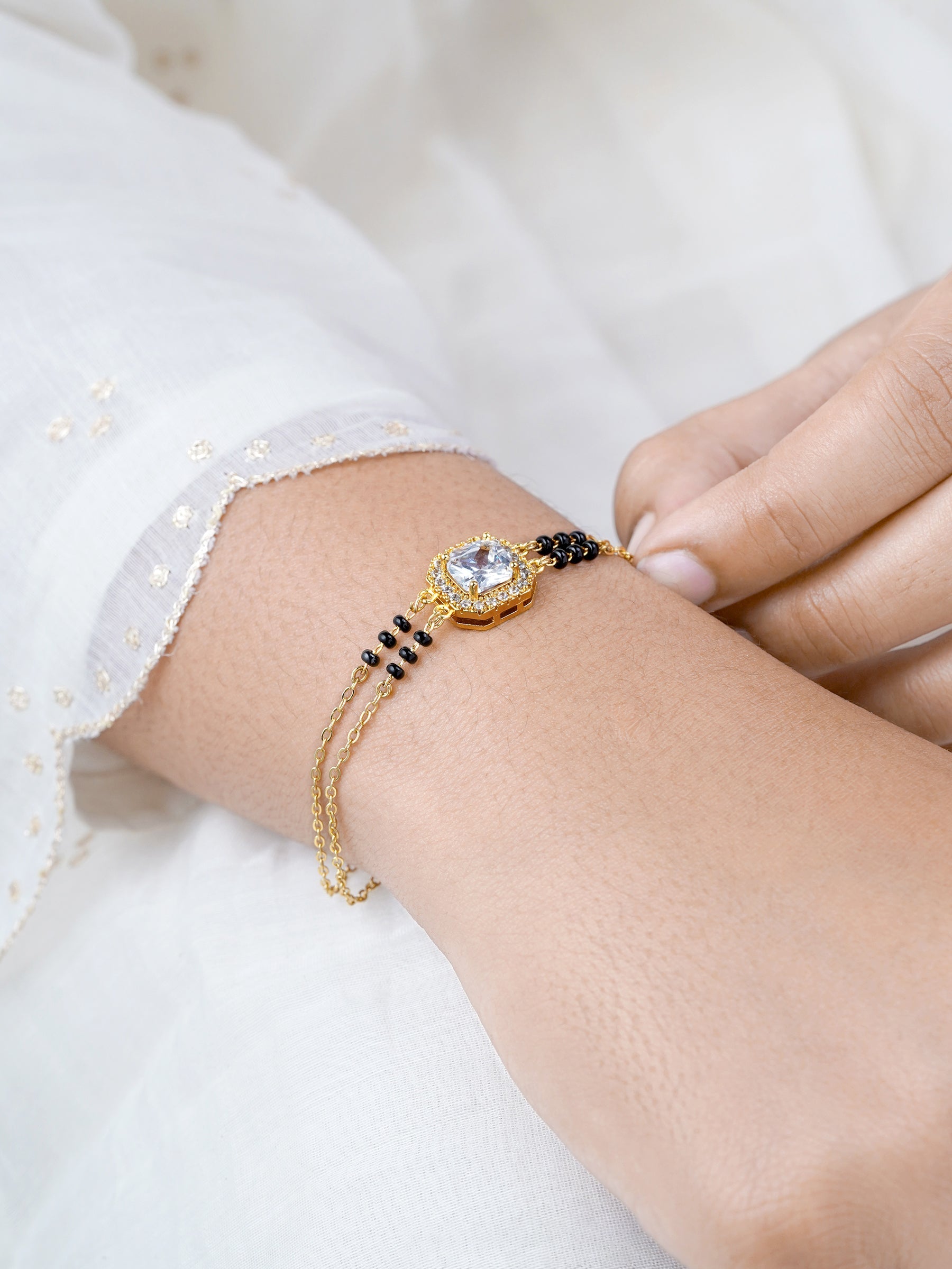 Viyana Solitaire Halo Layered 18K Gold Plated Mangalsutra Bracelet